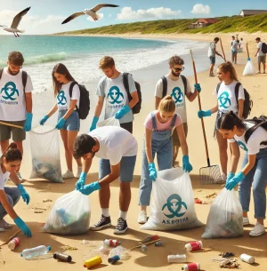 DALL·E 2025-02-09 20.00.22 - A group of volunteers cleaning a beach, collecting plastic waste and debris into large garbage bags. Some volunteers wear gloves and use trash pickers